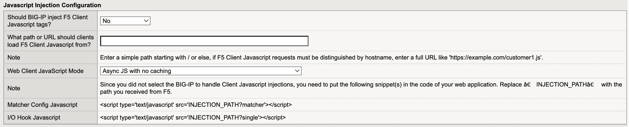 Figure: iApp Connector JavaScript Injection Manual Configuration screen