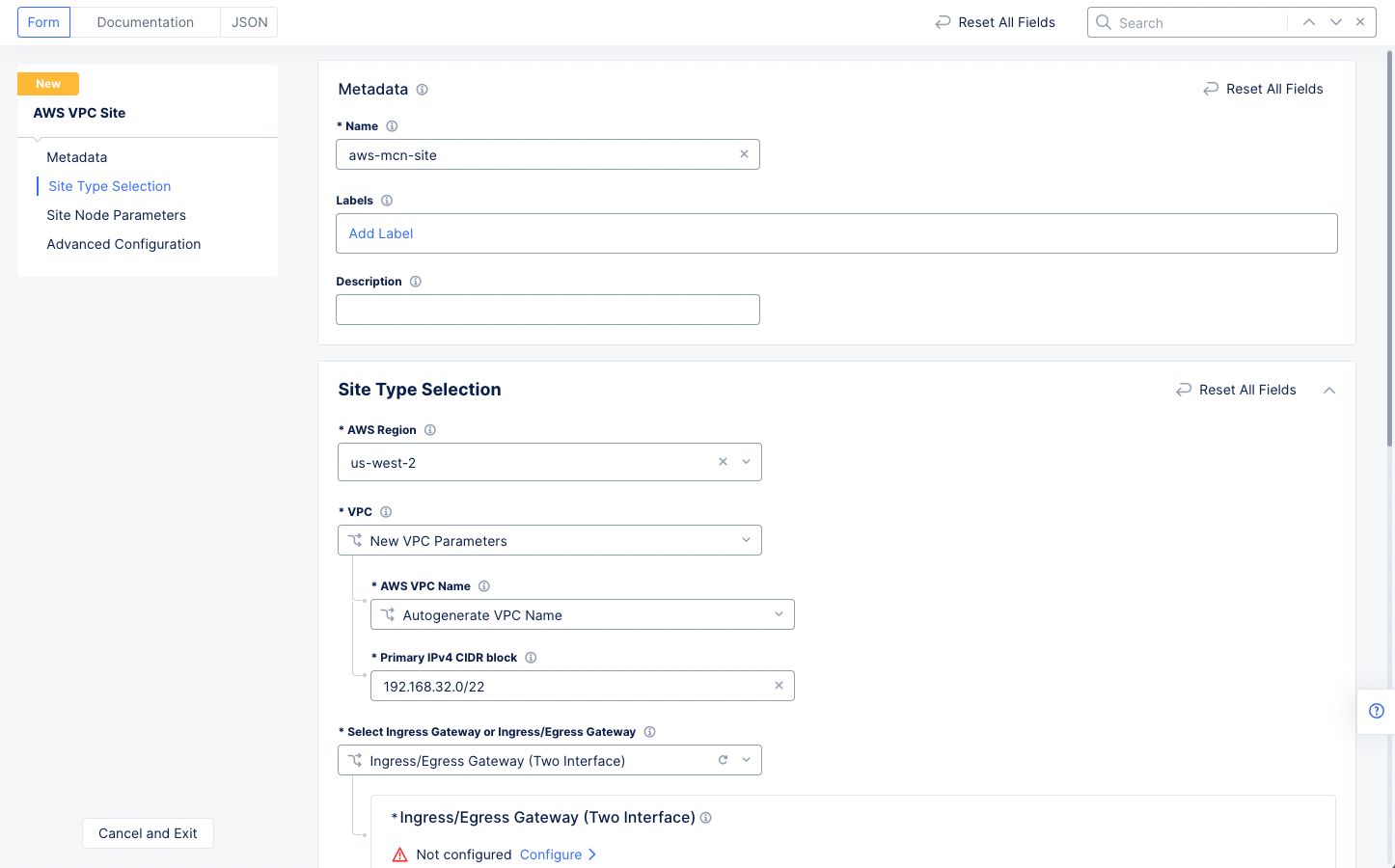 Figure: AWS VPC Site Configuration of Site Type