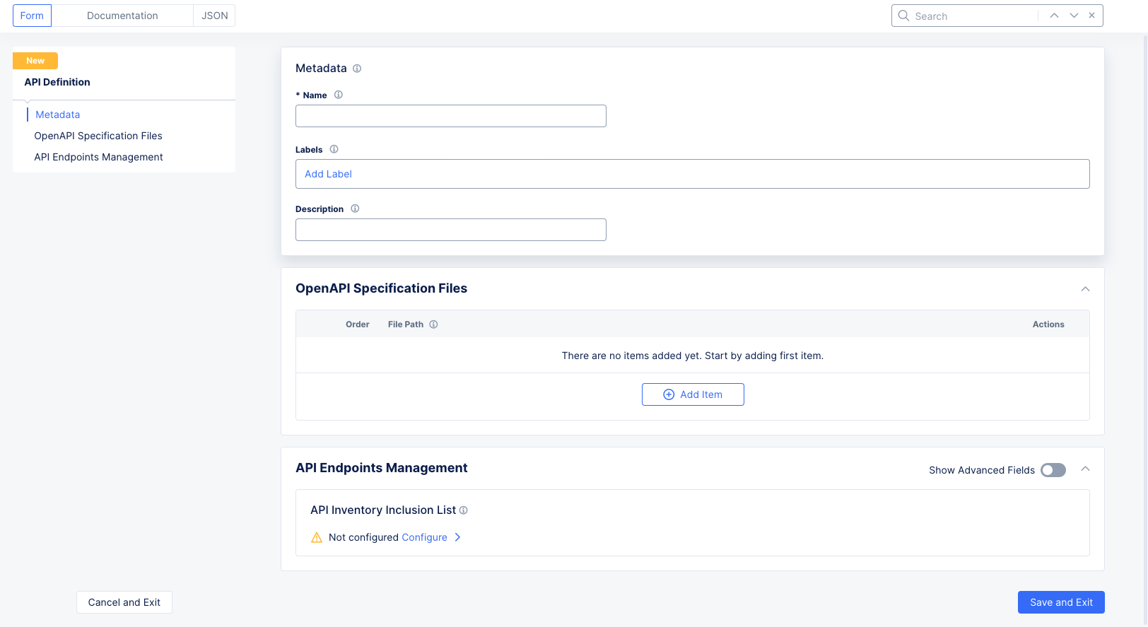 Figure: API Definition Form