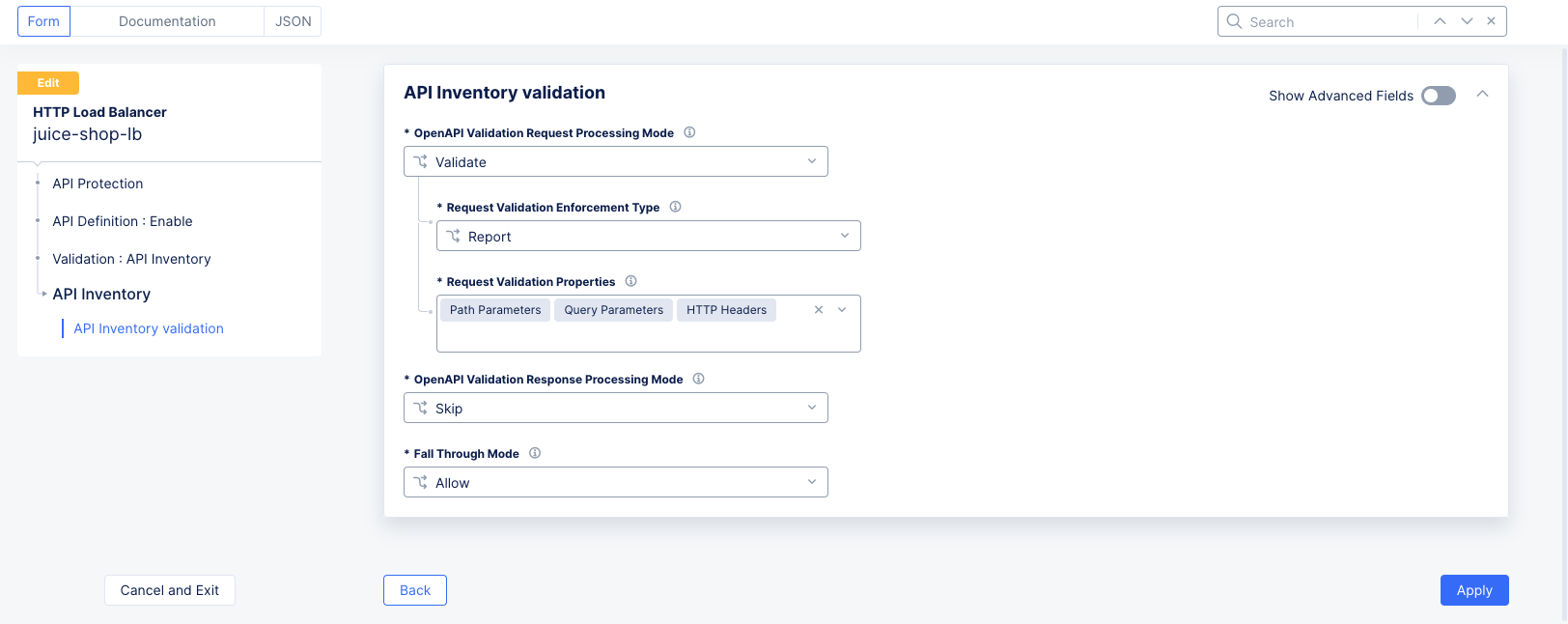Figure: API Definition Validation Form