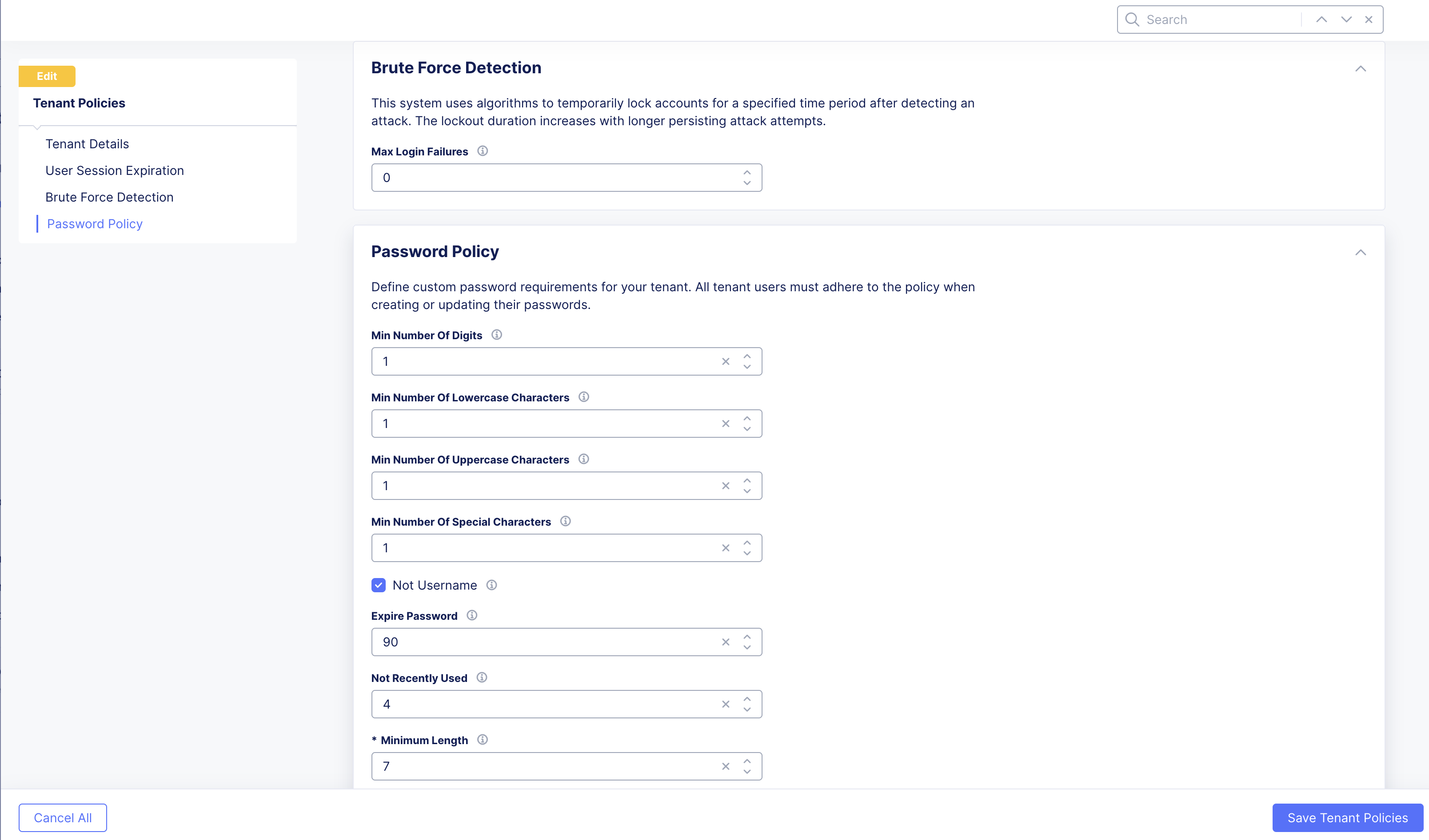 Figure: Tenant Password Policy Settings