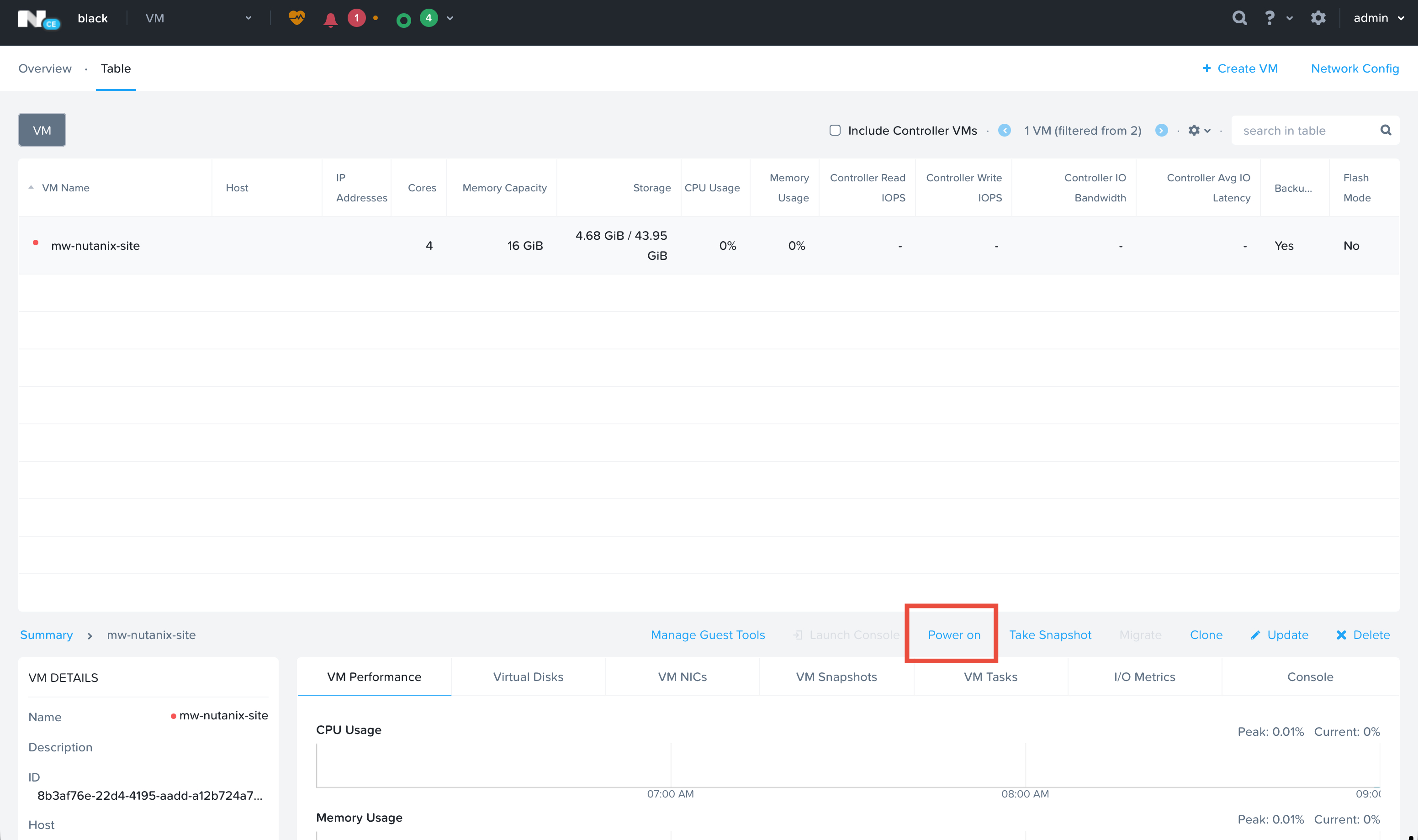 Figure: Nutanix PRISM VM Power On