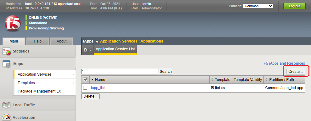 Figure: Create BIG-IP iApp