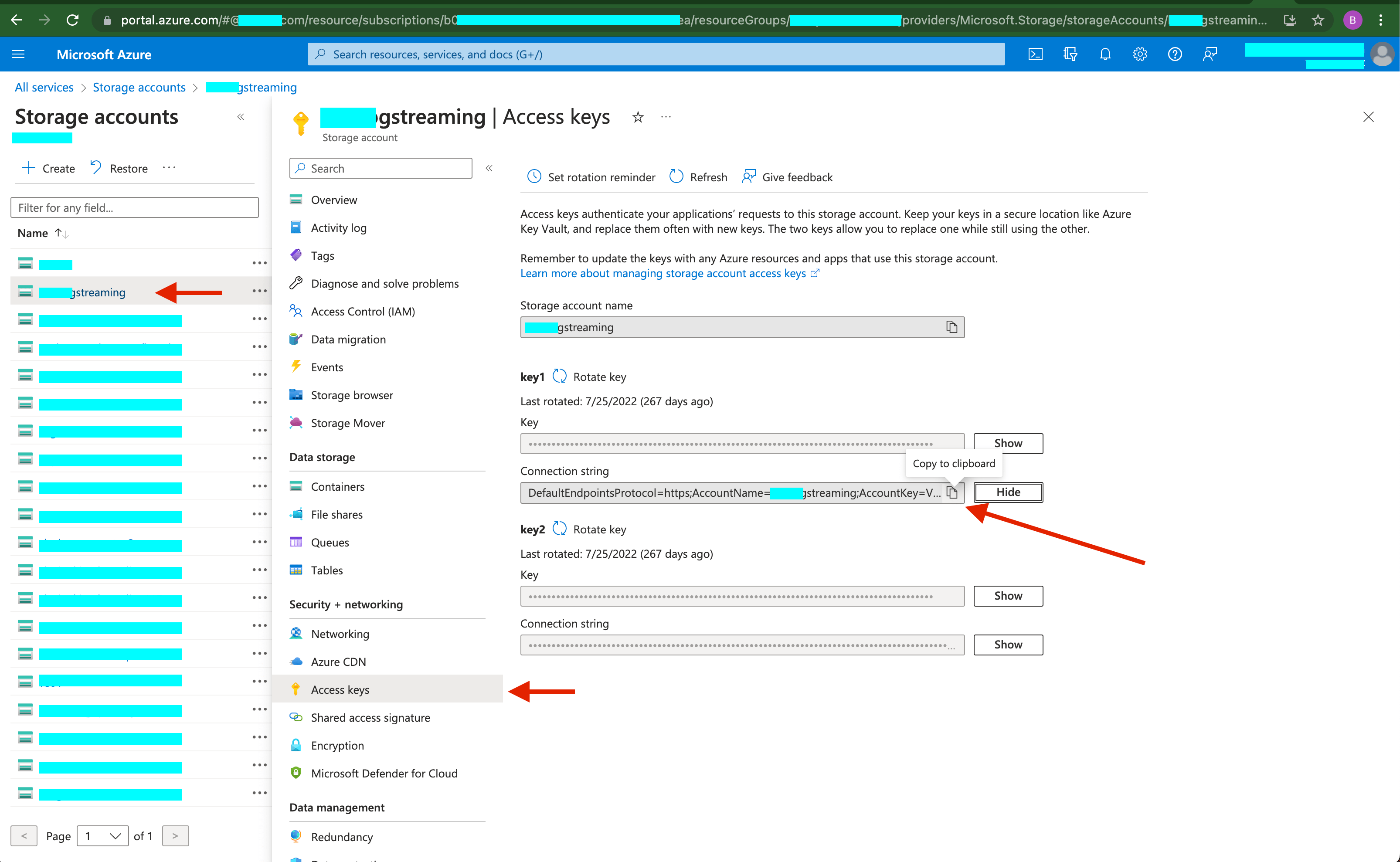 Figure: Azure Blob Connection String Location