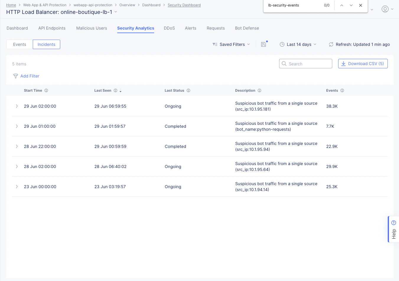 Figure: Security Incidents Page