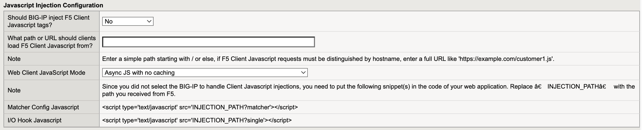 Figure: iApp Connector JavaScript Injection Manual Configuration screen